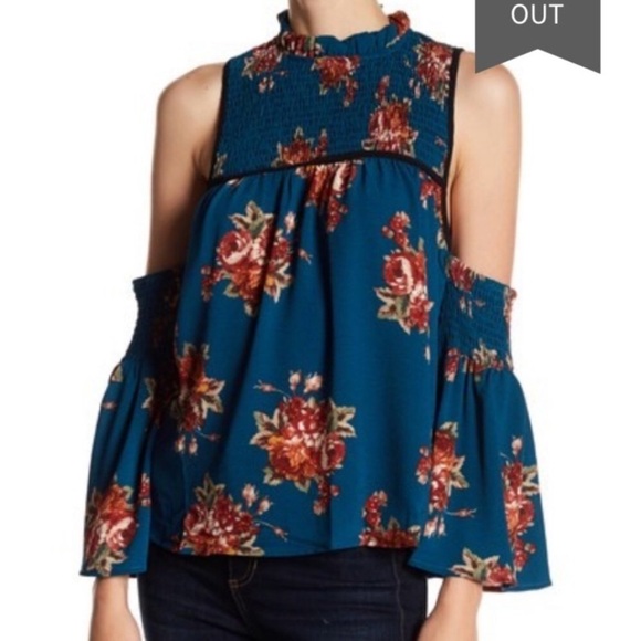 LAST ONE! NWT MOD Cold Shoulder Top in Teal Blue Ditsy Floral Print - Picture 2 of 9